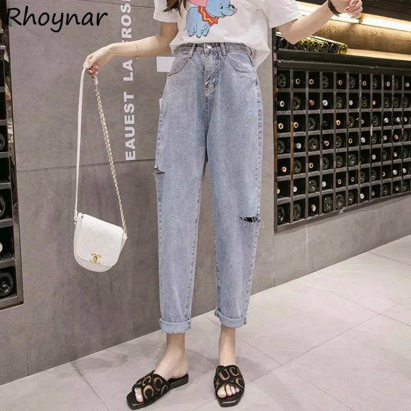 

High Waist Jeans Holes Solid Summer Chic Harem Trousers Casual Womens Loose Ankle-length Teens Harajuku Vintage Ulzzang Fashion