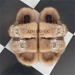 Summer Women Mink Fur Slippers Woman Luxury 2024 Women's Sandals Outdoor Fashion Casual Shoes Fur Mule Shoes Opentoed Slides
