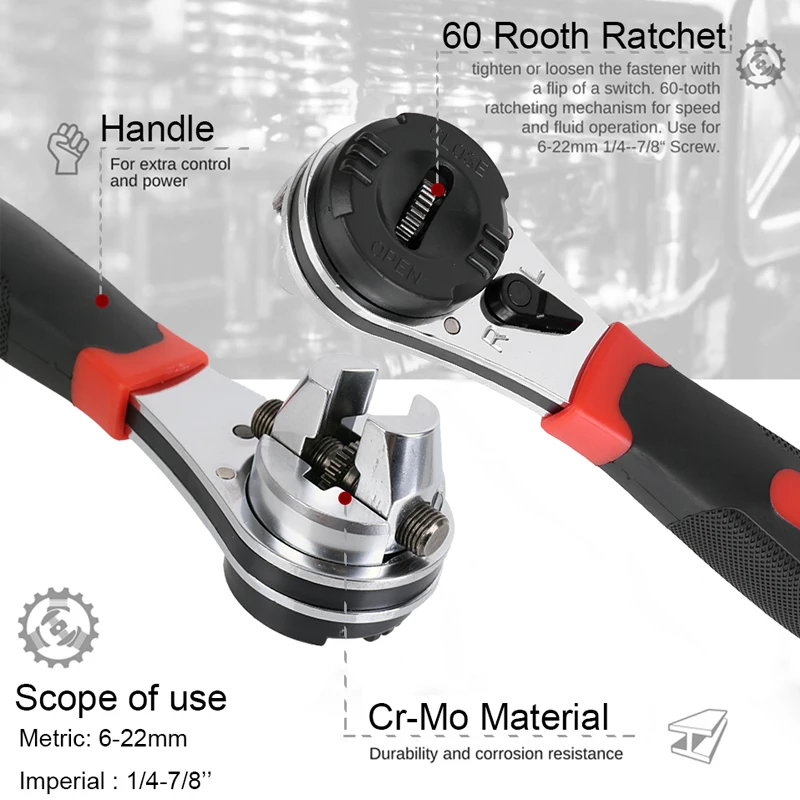 Ratchet Handle Wrench Hand Tools 6-22mm Adjustable Ratchet Socket Wrench Bicycle Torque Spanner For Plumbing Pipe Repair Tools