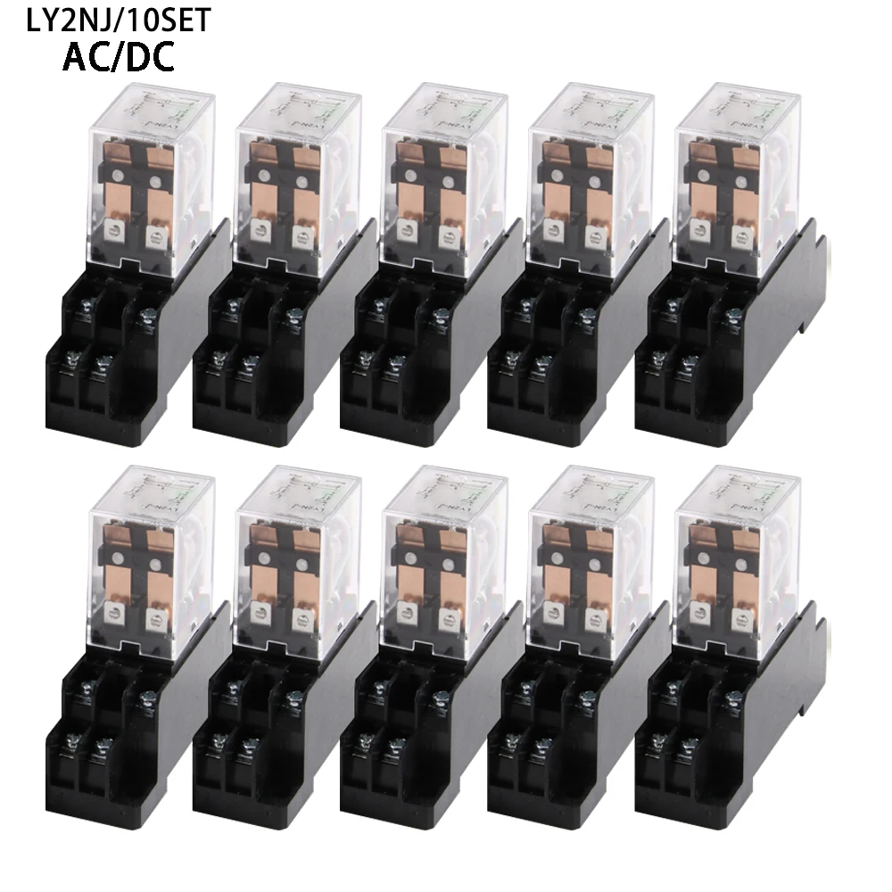 

10set 12V 24V 36V 48V AC/DC 110V 220V 380V AC Coil Power Relay LY2NJ DPDT 8 Pin HH62P JQX-13F With Socket Base OK