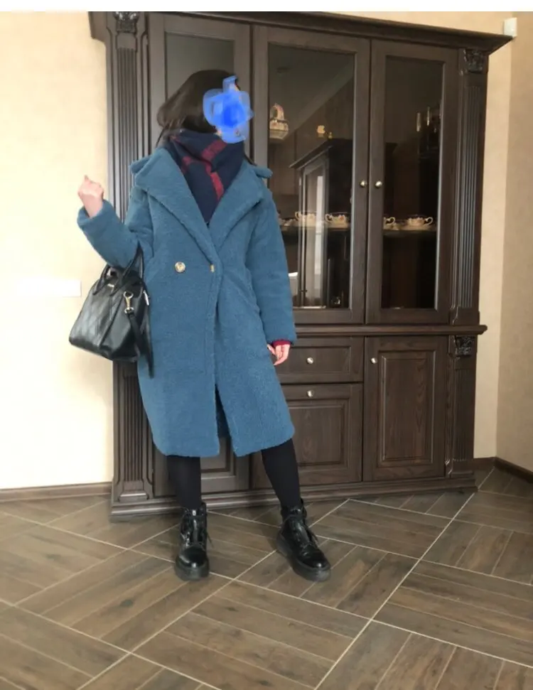 2020 new teddy coat faux fur long coat women lamb fur coat loose jacket women fashion coat dark blue color