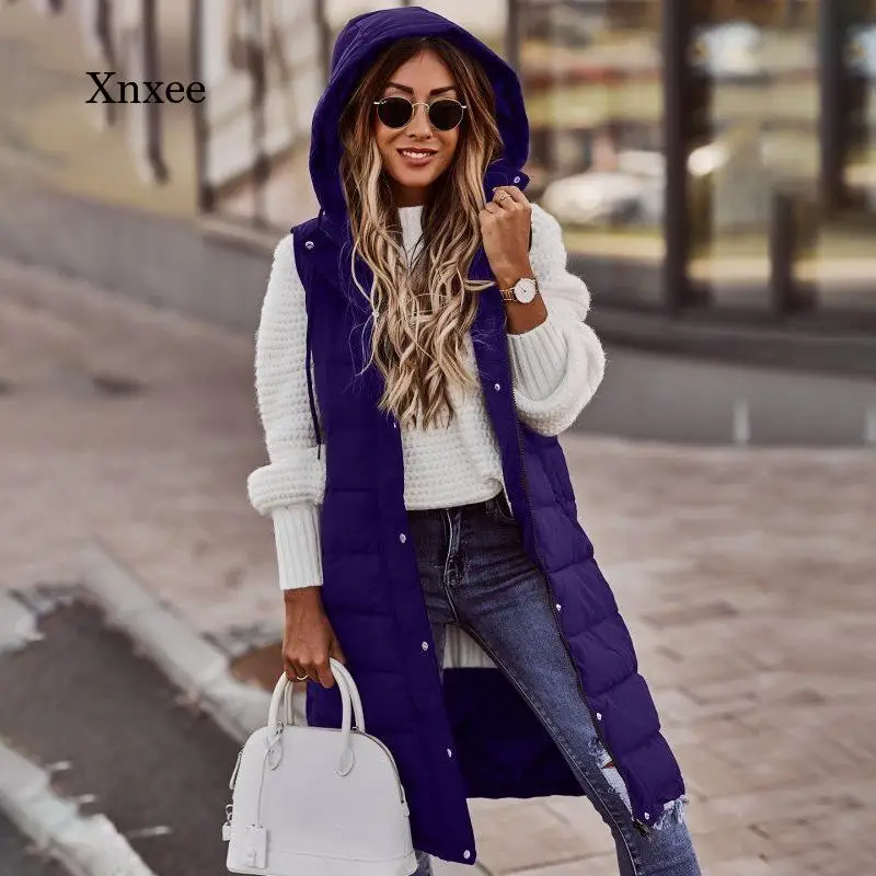 

New Women's Vest Fashion Casual Solid Color Hooded Slim Temperament Sleeveless Cardigan Mid-Length Cotton Coat