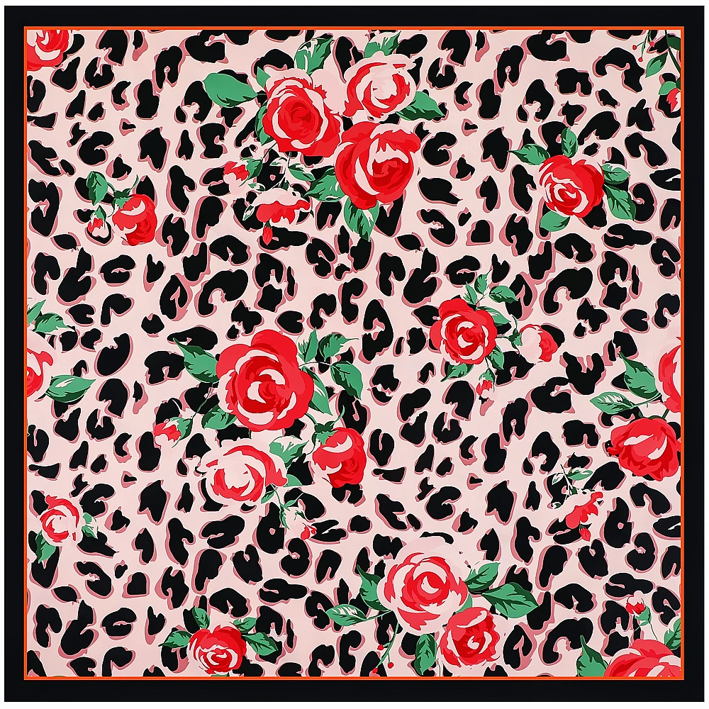 

130cm Leopard Rose Brand Scarf Shawl Twill 100% Silk Square Scarf Women Fashion Bandana Design Pashmina Kerchief Scarves