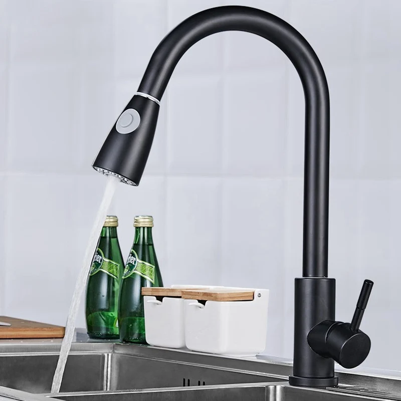 Robinet mitigeur d'eau chaude et froide, mitigeur extractible en laiton chromé pour évier de cuisine noir, robinet en acier inoxydable 304 à Rotation à 360 degrés, 2 fonctions