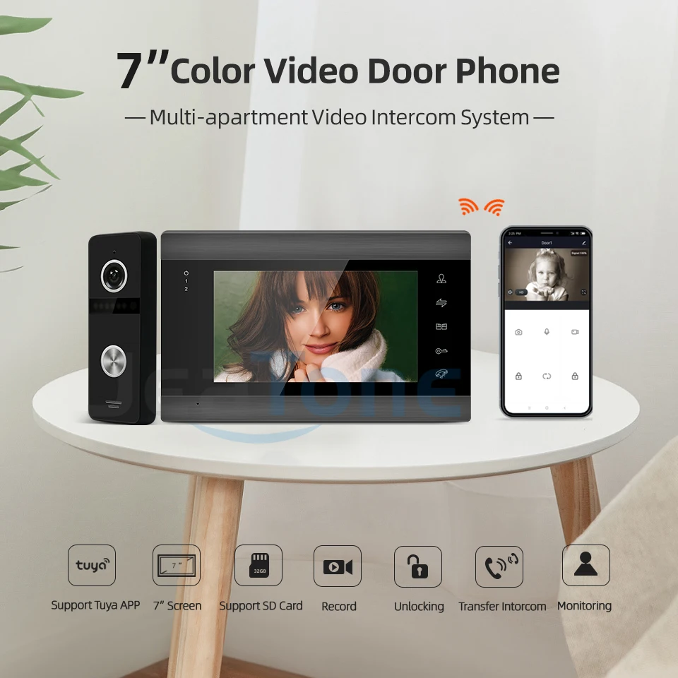 Jeatone Tuya 7Inch Video Intercom Doorbell 1080P Door Eye Camera Smart Home Wireless Remote Access Control System Intercom Kit