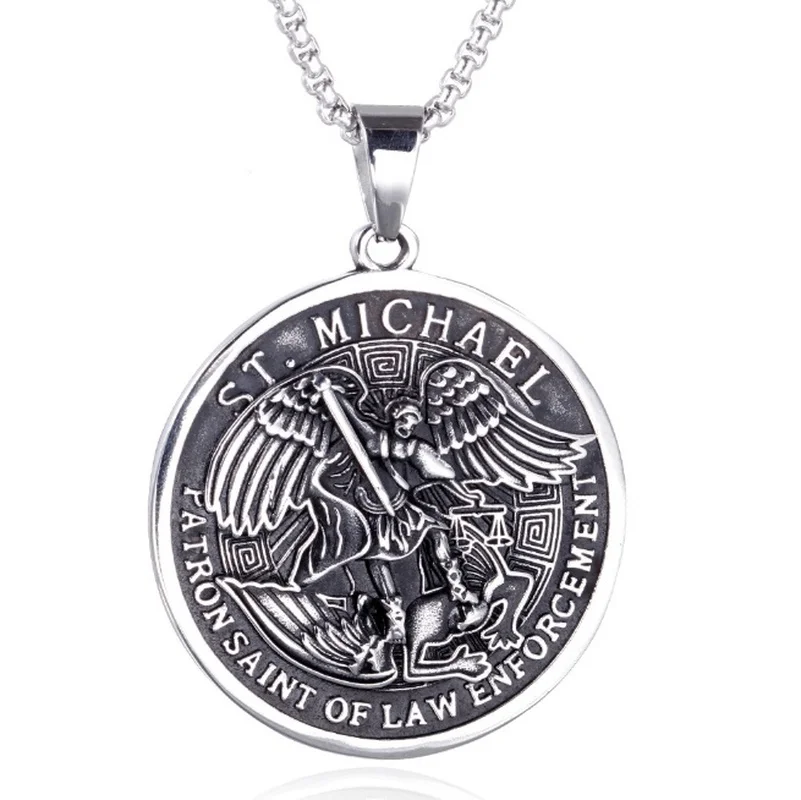 Archangel Saint Michael Round Medal Pendant Mythical Charm Men's Amulet Necklace