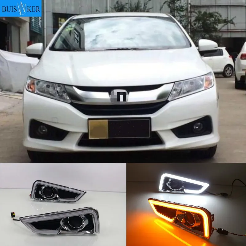 

2pcs LED daytime Running Lights for Honda City 2015 2016 fog lamp cover drl with yellow turn signal light car styling