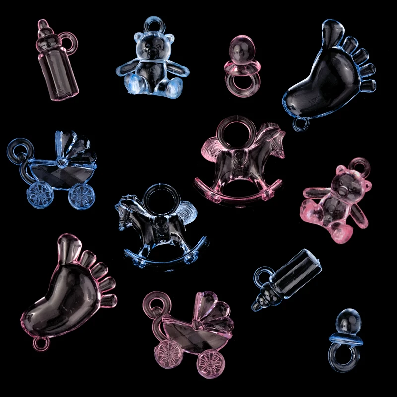 20pcs/lot 7 Designs Pink Blue Acrylic Cute Bear/Carriage/Rocking Horse For Baby Shower Christening Party Candy Box Gift Favor