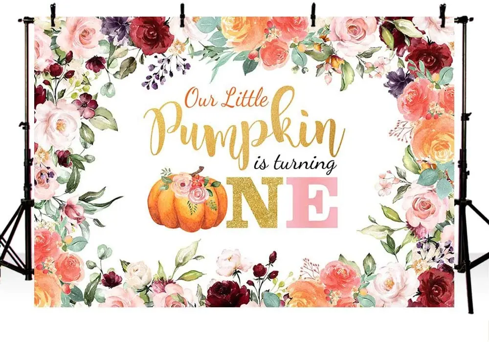 Fall Pumpkin Girl One Birthday Party Photo Background Banner Autumn Floral Our Little Pumpkin Princess Happy 1st Birthday Banner