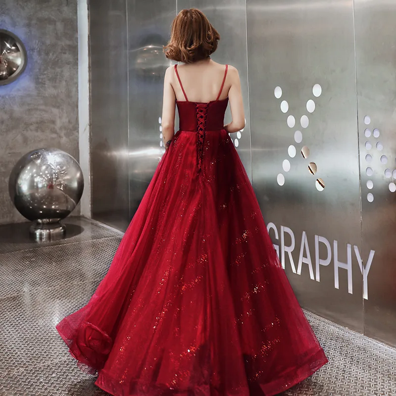 2020 nova moda sexy sem mangas vestido de noite cinta de espaguete com decote em v a linha organza vestido formal vinho vermelho banquete vestidos de festa