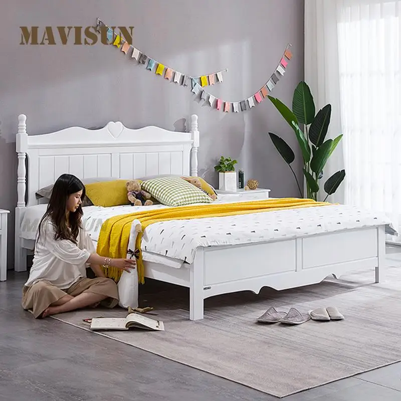 Nordic Children Girl Princess Castle Noble White Bed 1.5m 1.8m Wood Platform Bed Bedroom Space Saving Furniture Set