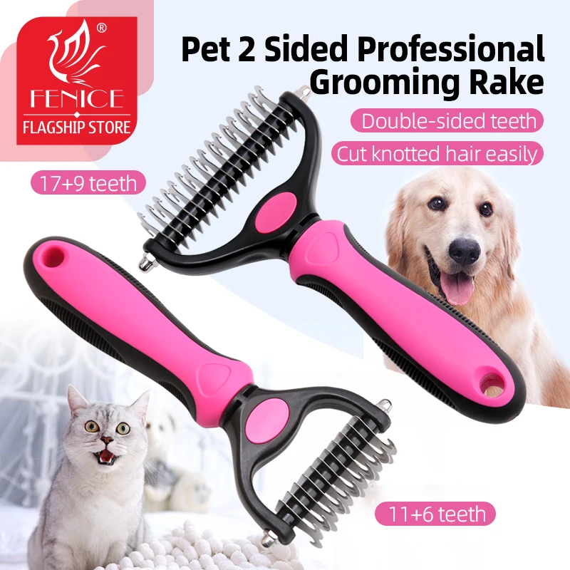 Fenice Pet Grooming Tool - 2 Sided Undercoat Rake for Cats Dogs Brush - Safe Dematting Comb for Easy Mats Tangles Removing S/L