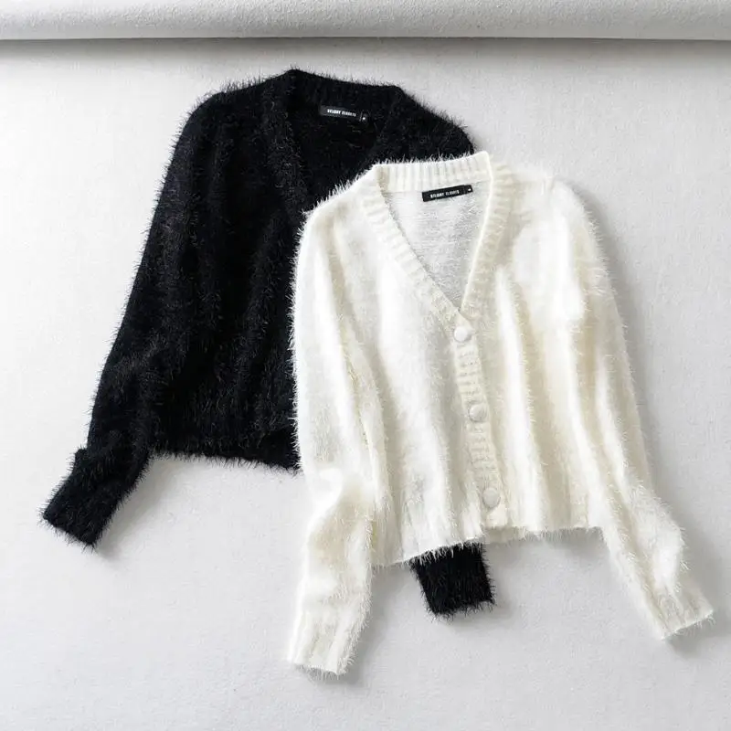 Furry White Cropped Cardigans Women Kawaii Sweater Knitted Crop Top Sweater Korean Casual Long Sleeve Ladies Sweater Fall 2021