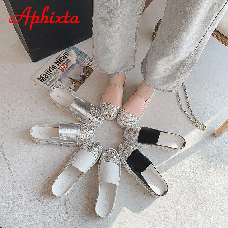 Aphixta New Crystals Flat Platform Mules Women Bling Diamond Rubber Rhinestone Lofers Shoes Fashion Slides Plus Size 42 43