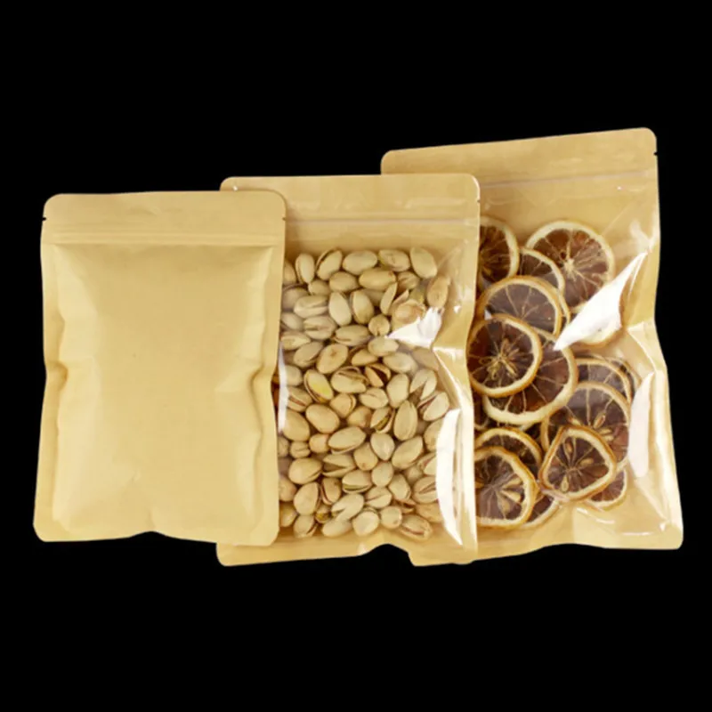 

Flat Bottom One Side Clear One Side Kraft Paper Zip Lock Bag Plastic Window Resealable Snack Capsule Coffee Spices Gifts Pouches