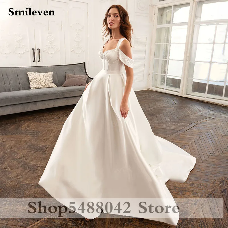 Smileven-vestido de novia de satén con cuentas de princesa, traje de boda con hombros descubiertos, estilo bohemio, hecho a medida, para playa y verano