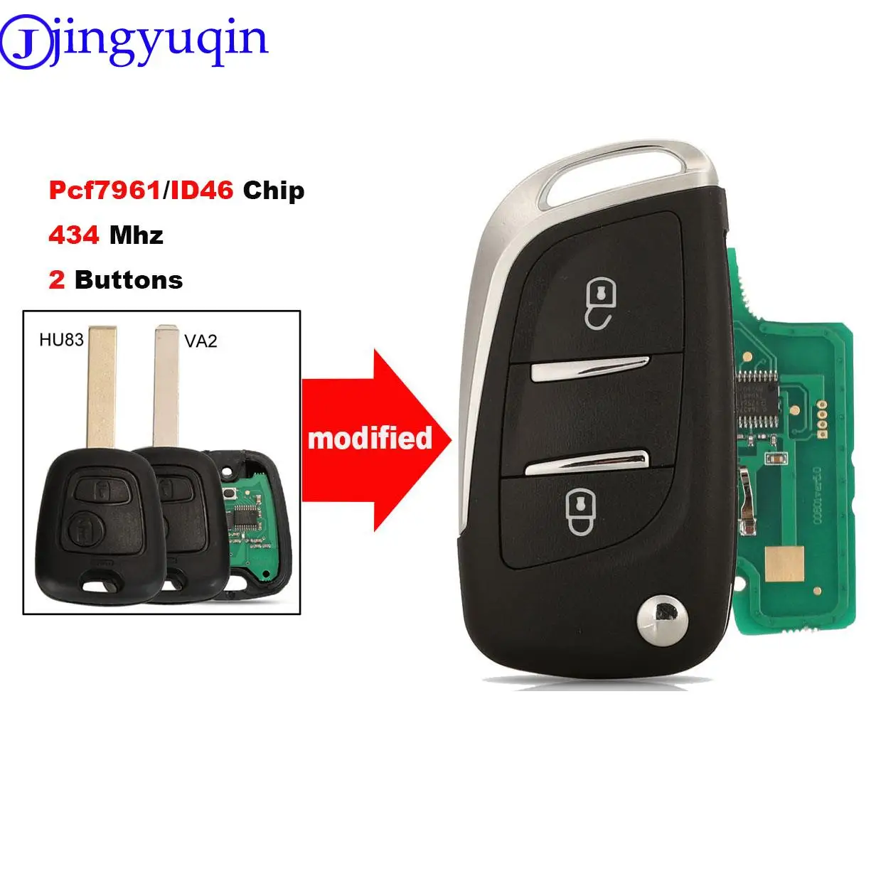 Jingyuqin 2 pulsanti telecomando portachiavi per auto per Peugeot 307 per Citroen C3 433MHZ ID46/Pcf7961 Chip