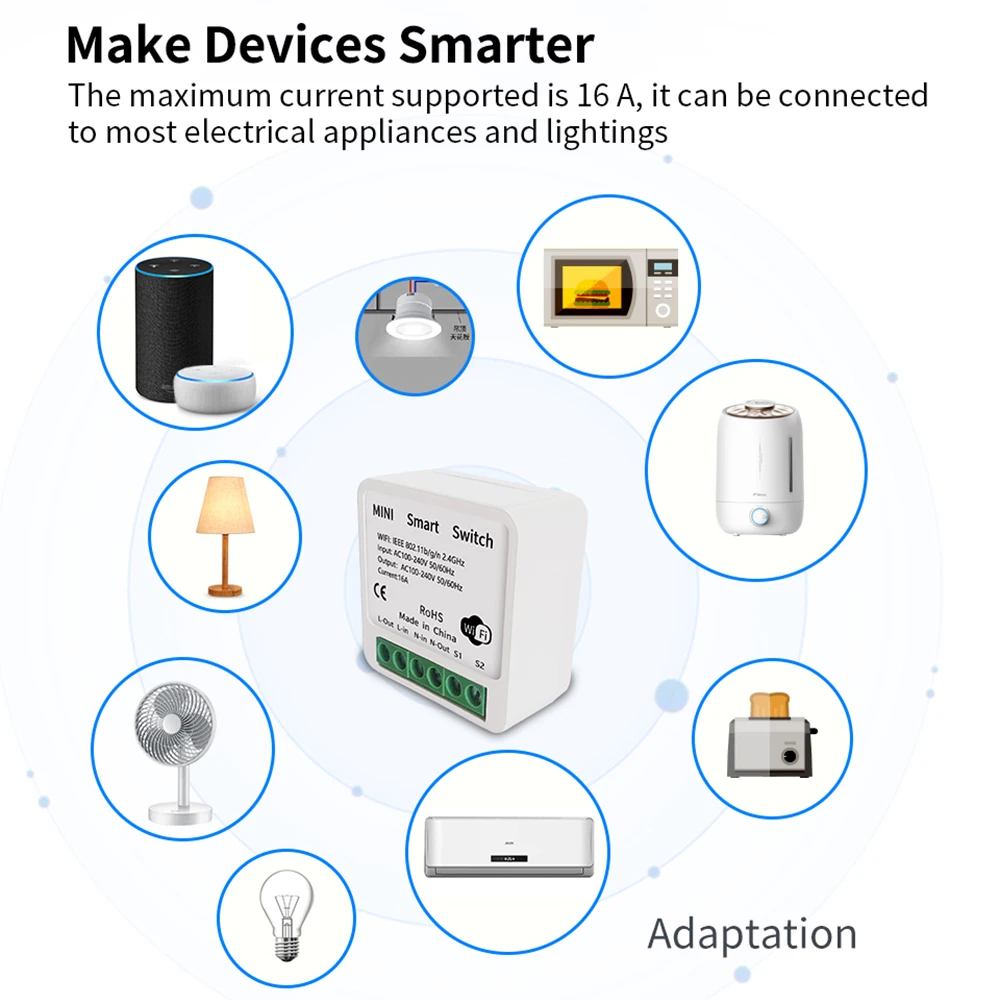 Mini Tuya WiFi Smart Switch, minuterie de contrôle bidirectionnelle, fonctionne avec Alexa, Google Home, télécommande, gadgets Smart Home Life, 16A, 100-240V