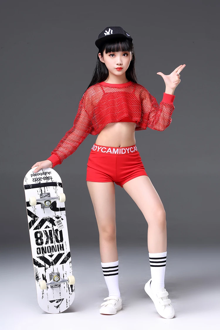 어린이 레드 재즈 댄스 의상 소녀 반짝이 Fishnet 커버 탑 스트레치 반바지 댄스 세트 힙합 현대 파티 무대 의상