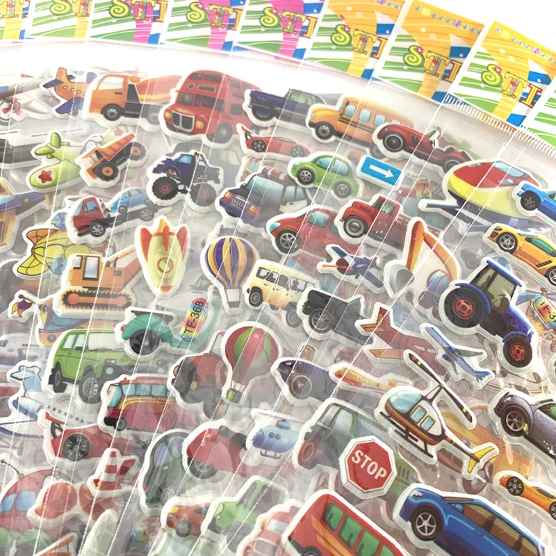 12 Sheets/Set Engineering Vehicle Stickers for Children's 3D Cars Trucks Bubble Sticker DIY Toys Kids Gift