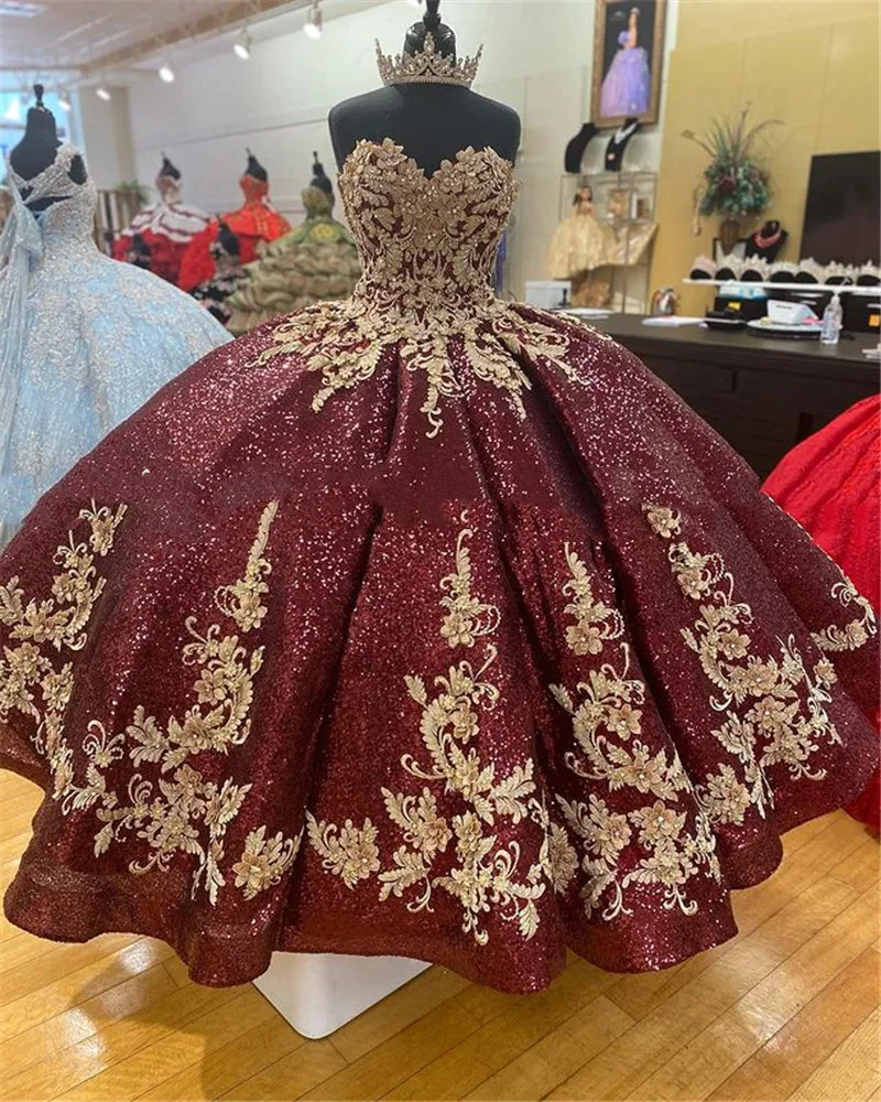 

sparkly Burgundy Long Sequin Lace Ball Gown Lady Quinceanera Dress lace-up corset Plus Size Vestidos De Quinceañera 15 Años