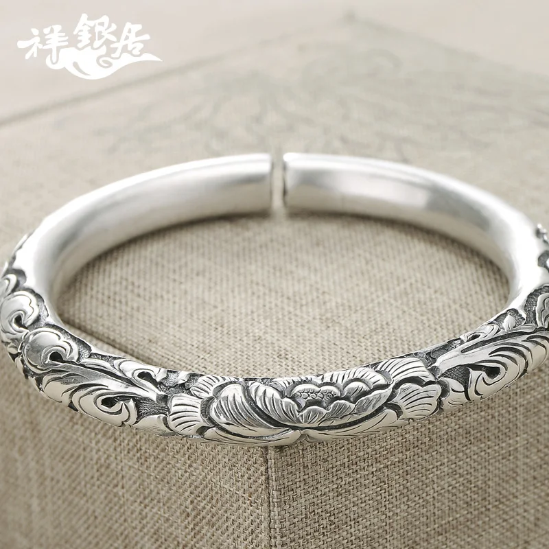 

★S999 fine silver handmade silver snow silver bracelet national wind restoring ancient ways big peony silver bracelets