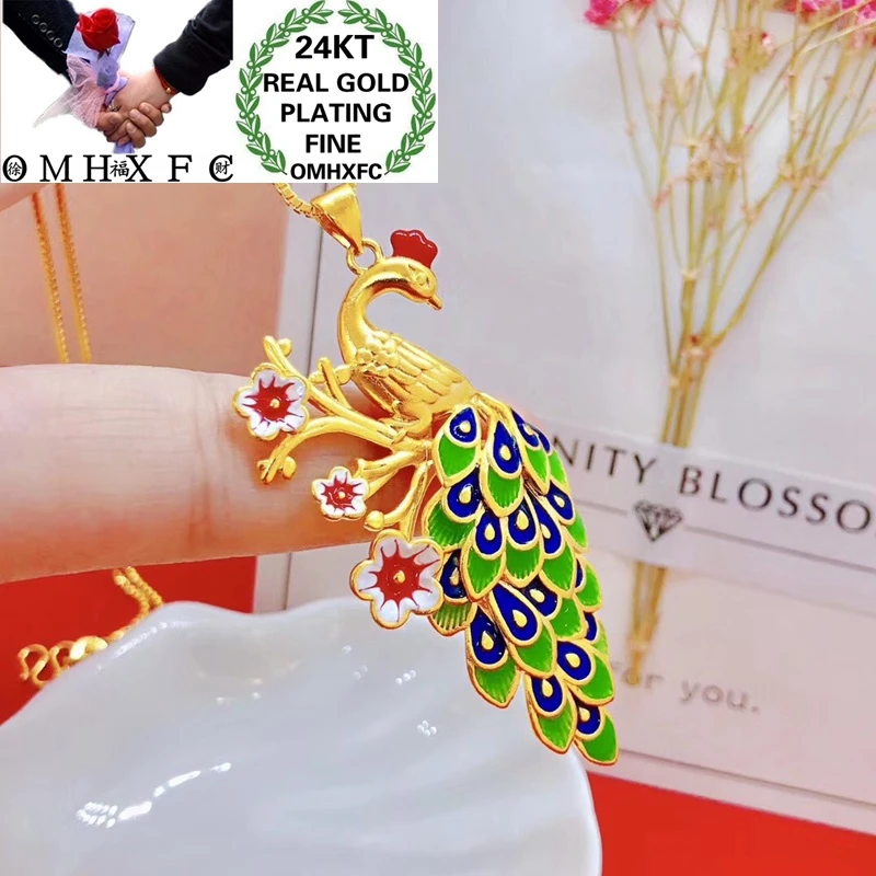 OMHXFC Jewelry Wholesale YM175 European Fashion Fine Hot Woman Girl Party Birthday Wedding Gift Peacock 24KT Gold Pendant Charm