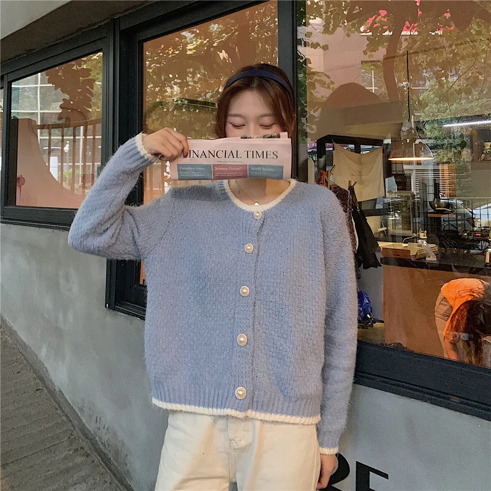 Coat female 2020 spring new style Japanese-style sweet women Pearl breasted short knitted cardigan wild top
