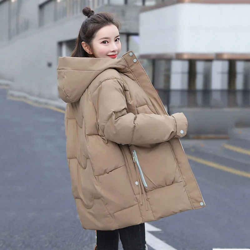 Korean 2023 Winter Jacket Women Hooded Khaki Black Female Down Coat Loose Oversized Womens Mid-length Parka Thick Warm Outerwear