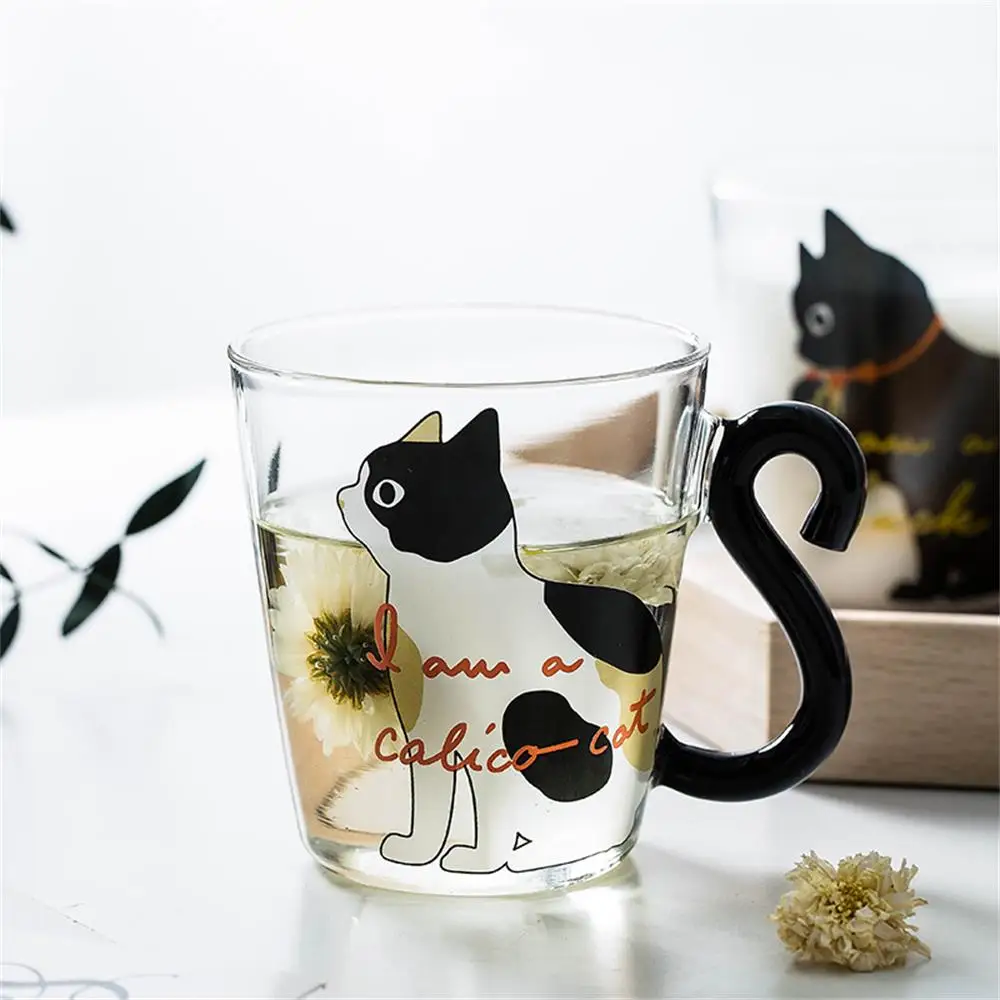 250 ml Cute Black Cat Glass Coffee Mug Set Handgrip Animal Shaped Milk Water Juice Mugs Tea Cup Japanese Style Kawaii Gift Home