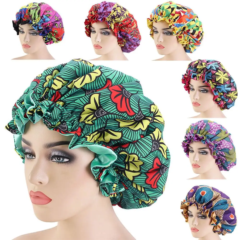 Stylish Floral Print Double Layer Women Satin Bonnet Fashion Big Bonnet for Lady Sleep Cap Headwrap Hat Hair Wrap Accessories