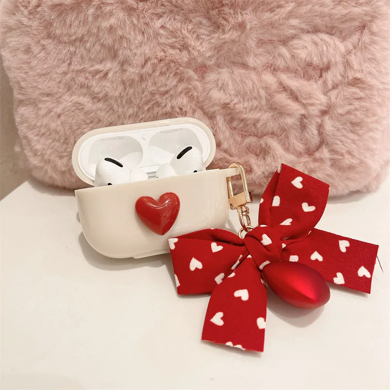 خمر الأحمر الحب القلب المفاتيح ل أبل airpods 3 برو 2 غطاء لطيف القوس البيج سماعات حالات ل airpods 4 سماعة صندوق
