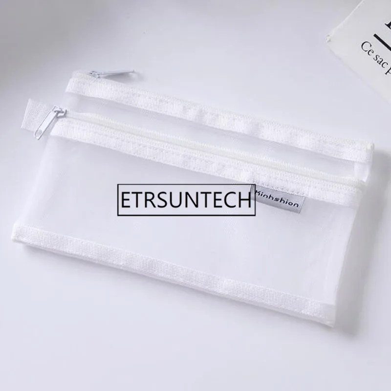 100pcs Simple Transparent Double Mesh Bag Pencil Case Office Student Pencil Cases Nylon Cosmetic Storage Bag