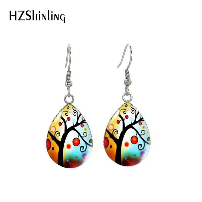 2020 Tree of Life Oil Painting Pattern Tear Drop Earrings Fish Hook Earrings Jewelry for Girls Accessories