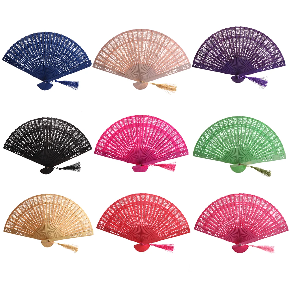 Chinese Vintage Foldable Wood Hollow Carved Hand Fan Gifts Home Decor Pocket Fan Wedding Bridal Party Favors, Multi Color, 30Pcs