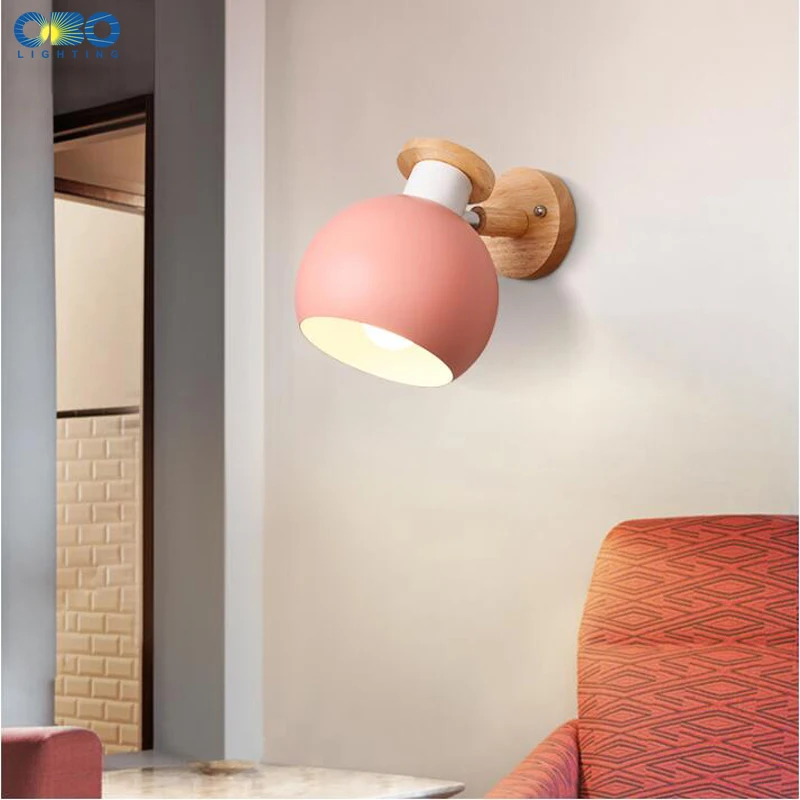 Imagem -05 - Nordic Lâmpada de Parede Colorido Macaron Ferro Abajur Quarto Cabeça Cama Interior E27 Led Luzes Parede Moderna Madeira