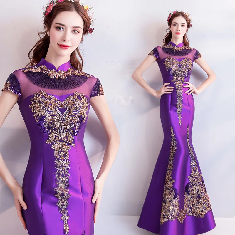 Vestido de fiesta de sirena de lentejuelas doradas y púrpuras, disfraz de Cheongsam violeta, vestidos largos de noche con espalda hueca, vestidos de fiesta de noche