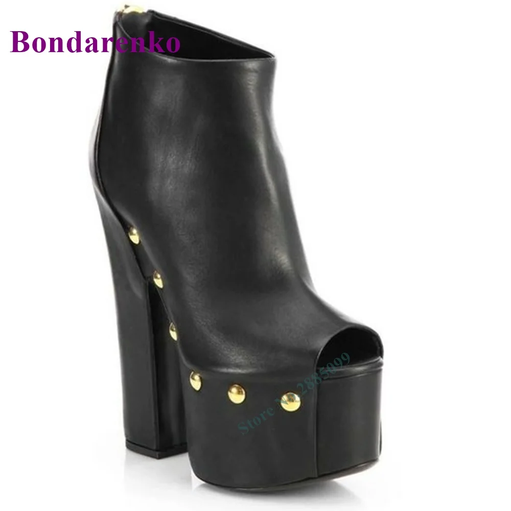 Matte Leather Peep Toe Ankle Boots Side Rivet Platform Chunky High Heel Solid Back Zipper Women's Boots Autume Winter Newborn