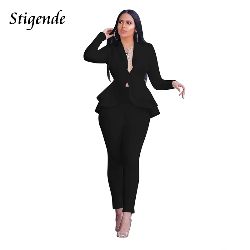 Imagem -04 - Stigende Elegante Duas Peças Blazer Terno Conjunto Feminino Primavera Outono Roupas de Manga Longa em Cascata Plissado Blazers e Lápis Calças