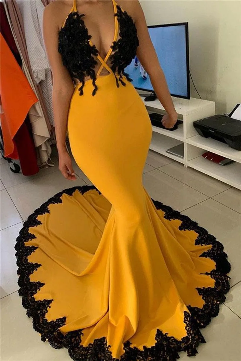 2025 Customized Yellow With Black Appliques Evening Dresses African Girls Junior Graduation Prom Party Gowns Mermaid V Neck