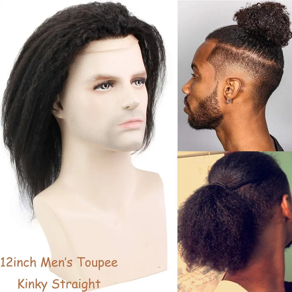 12in Long Kinky Straight Human Hair Toupee for Men, Mono Lace, PU Around, Swiss Lace Front, 10x8