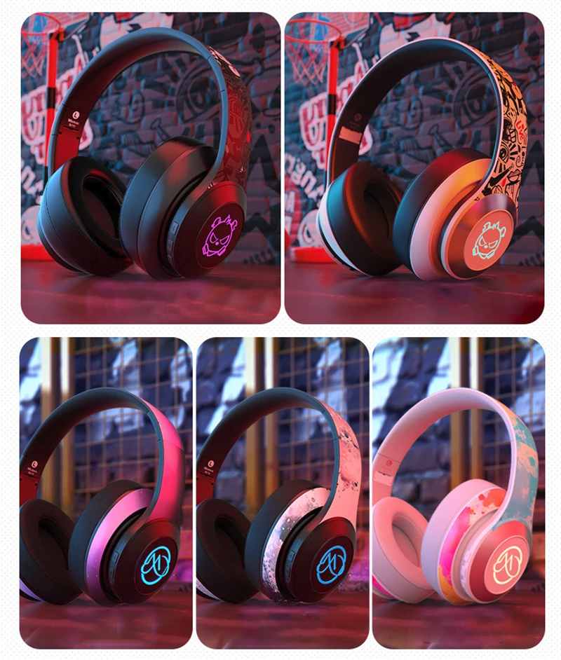 Graffiti Wireless Headphones Bluetooth Music Earphone Foldable LED Light Deep Bass Over Ear Gaming Headsets For Mobile PC Laptop