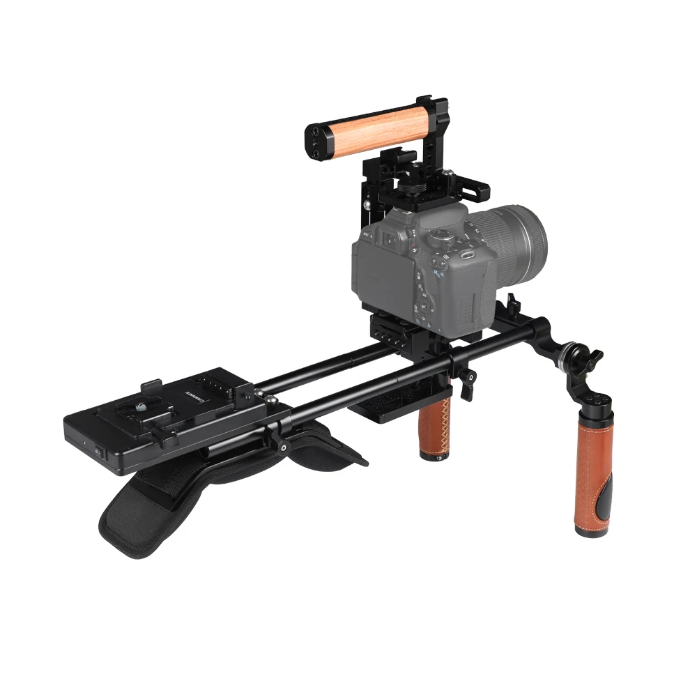 Hdrig pro ombro montar rig + extensão-tipo meia gaiola com manfrotto placa de liberação rápida + v montagem power splitter