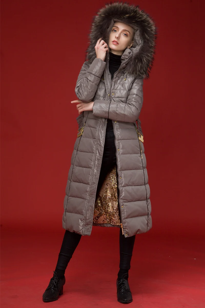 Royalcat-Chaqueta de plumón de pato para mujer, chaquetas ajustadas x-long con capucha de piel auténtica, abrigo grueso con capucha, parka para