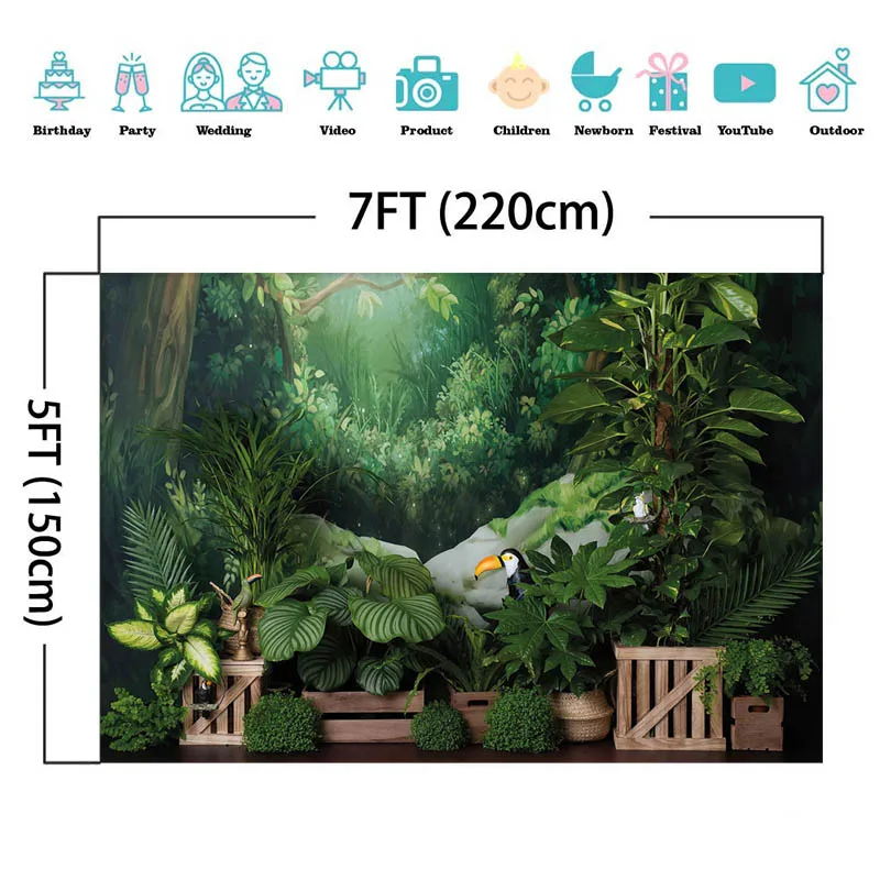 ป่าป่าซาฟารีถ่ายภาพพื้นหลังเด็ก Party Decor พืชสีเขียวสัตว์ป่าเด็กเค้ก Smash ฉากหลัง Photo Studio