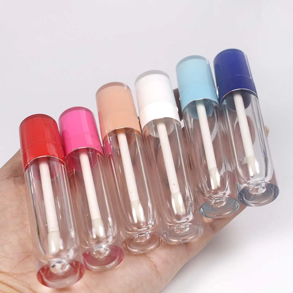 6ml Clear Plastic Pink Lid Lip Gloss Tube Cosmetic Blue Lipgloss Packaging Container with White Brush Wand