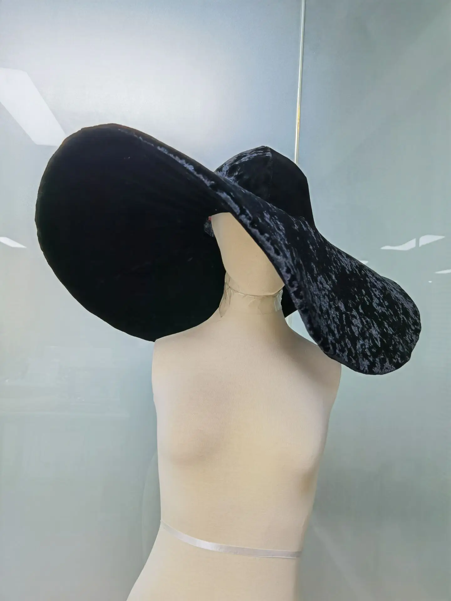 Fashion Black Velvet Large Brim Hats Women Elegant Party Prom Hat Floppy Wide Brim Cap Foldable Dancer Singer Stage Accessories