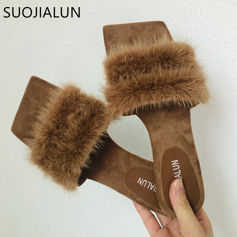 SUOJIALUN 2020 Hot Women Furry Slippers High Quality Plush Real Hair Fluffy Sandals Comfortable Soft Sole Winter Warm Fur Slides