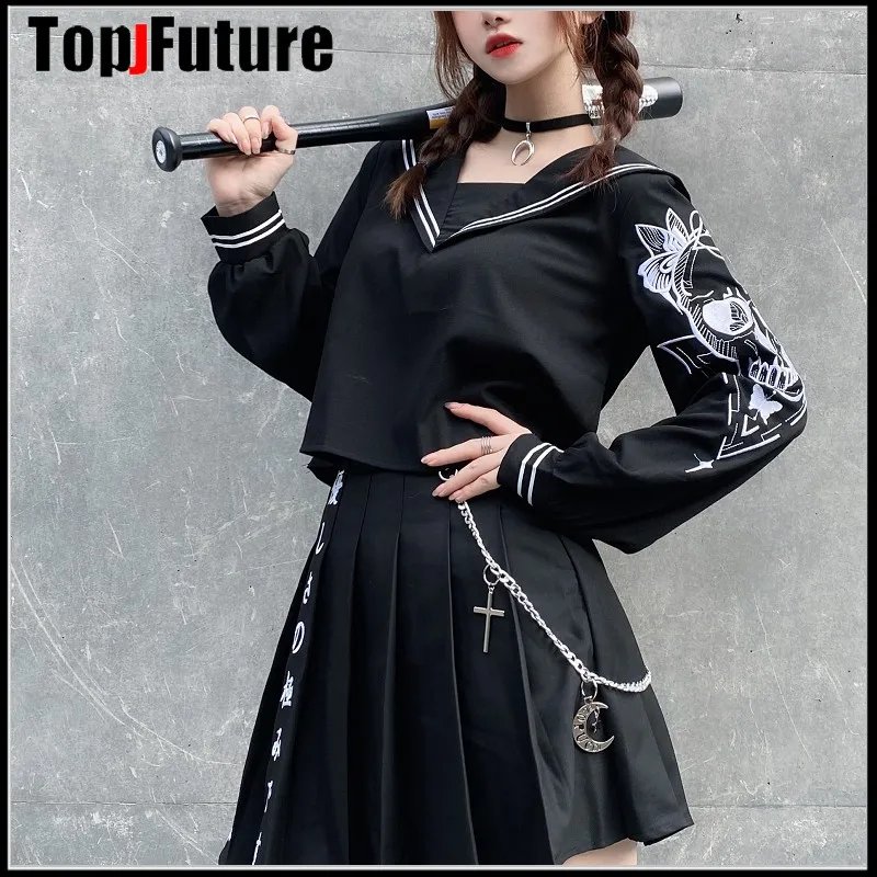 

gothic Lolita cosplay costume Japanese sailor suit Japanese college JK Butterfly Embroidery bad girl black skull embroidery