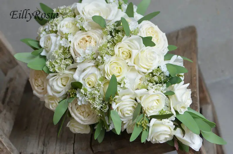 Rustic White Waterfall Bridal Bouquet Wedding Flowers High Quality Real Touch Roses Fine Leaf Eucalyptus Cascade Bride Bouquet